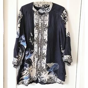 Citron Santa Monica 100% Silk Crane Button Blouse 3X